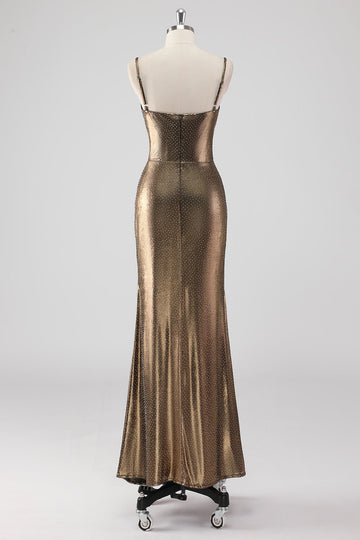 Gylden Havfrue Spaghetti Stropper Beaded Lang Formell Kjole